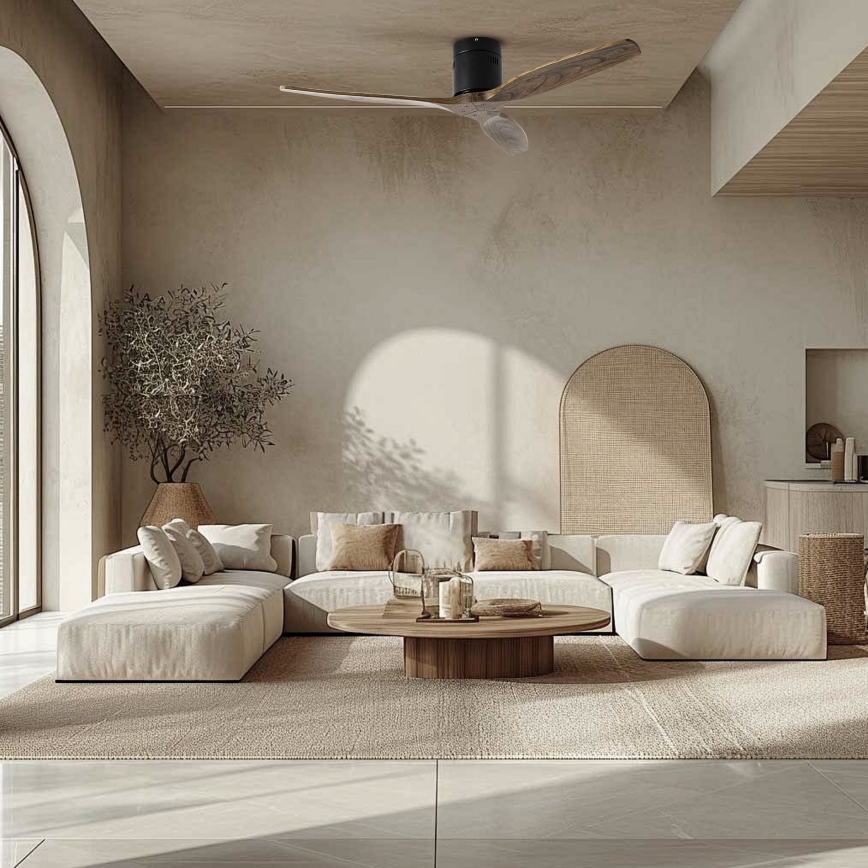 ZEVENTI - Stropni ventilator SPELLO Wi-Fi Tuya crna/hrast + daljinsko upravljanje