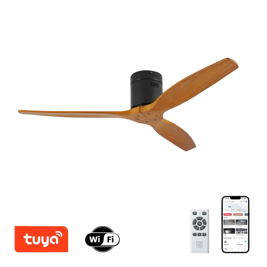 ZEVENTI - Stropni ventilator SPELLO Wi-Fi Tuya crna/hrast + daljinski upravljač