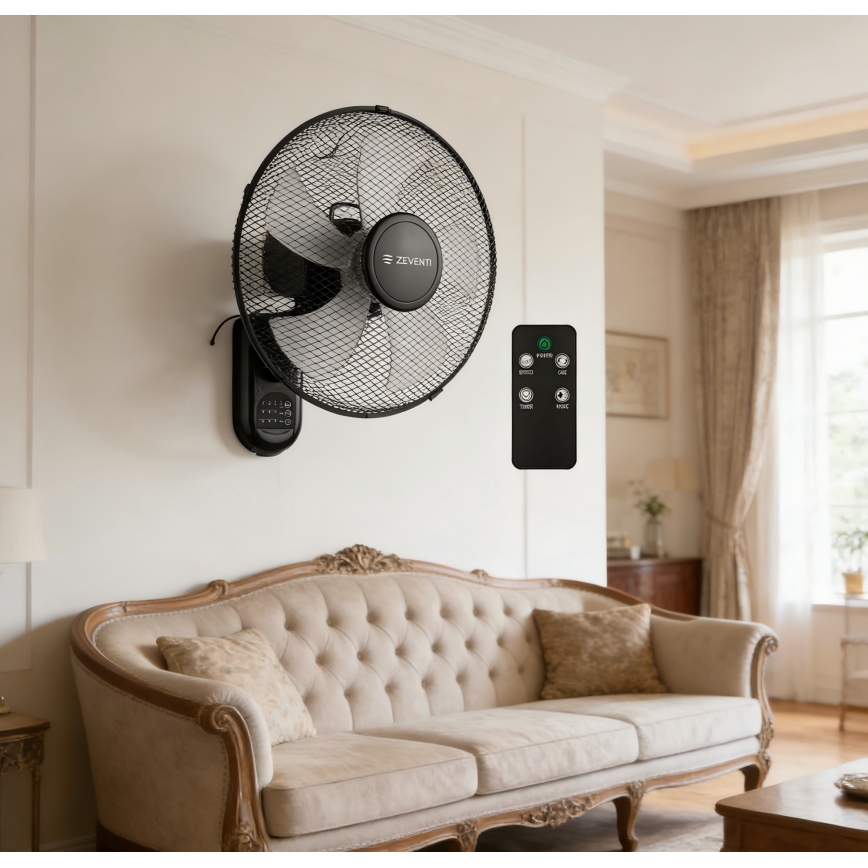 ZEVENTI - Zidni ventilator FANNY 45W/230V, promjer 41 cm, crne boje, s daljinskim upravljačem