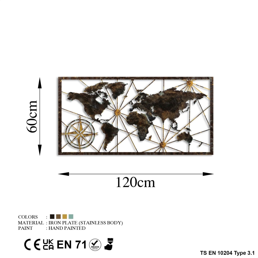 Zidna dekoracija 120x60 cm karta svijeta metal