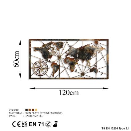 Zidna dekoracija 120x60 cm karta svijeta metal