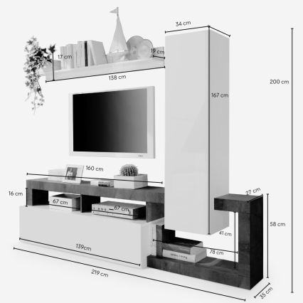 Zidna garnitura LENOR bijela/siva, efekt betona