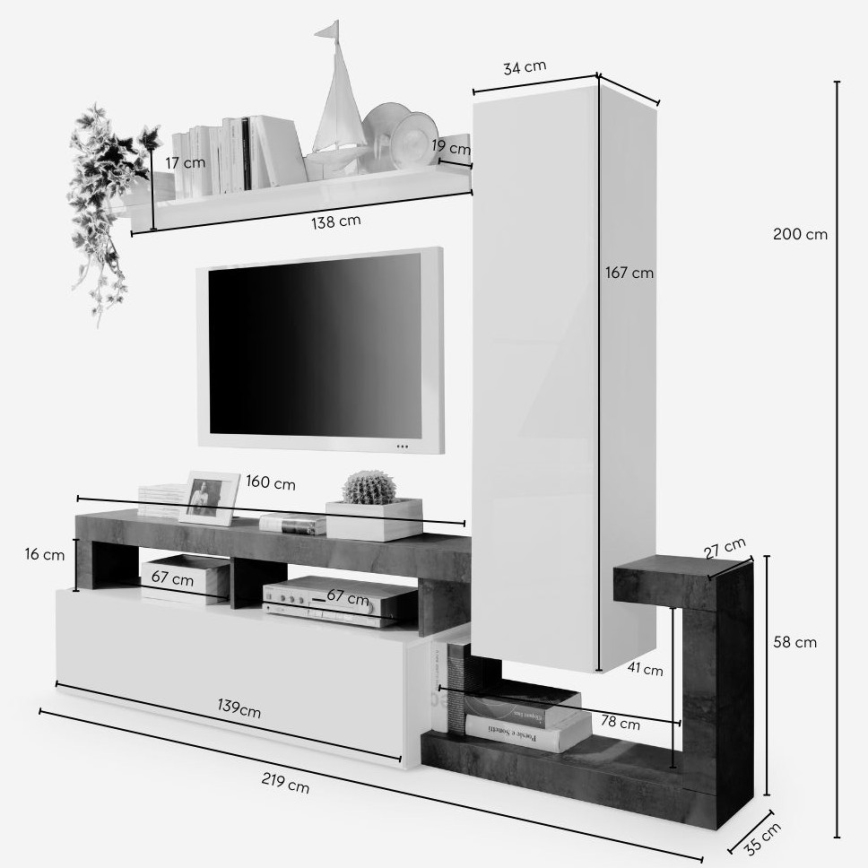 Zidna garnitura LENOR bijela/siva, efekt betona