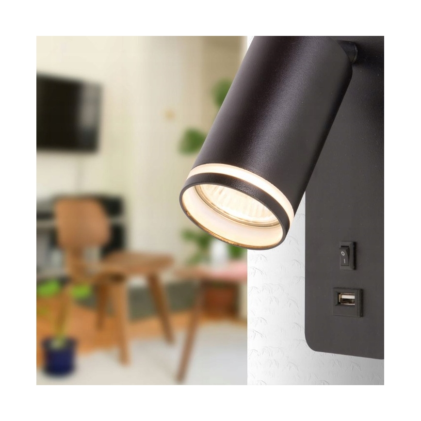 Zidna reflektorska svjetiljka s USB punjačem 1xGU10/35W/230V crna