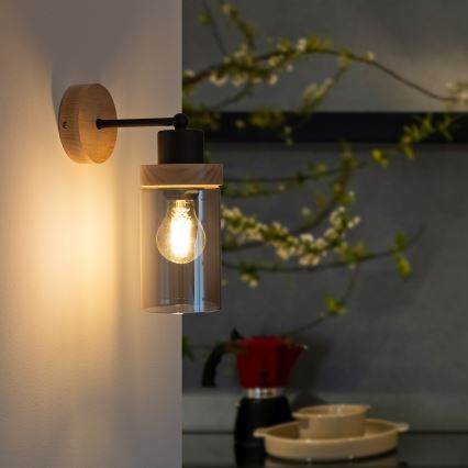 Zidna svjetiljka WOODNEST 1xE27/15W/230V borovina/zadimljena crna
