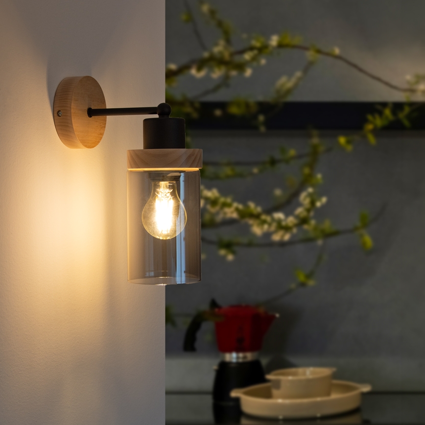 Zidna svjetiljka WOODNEST 1xE27/15W/230V borovina/zadimljena crna