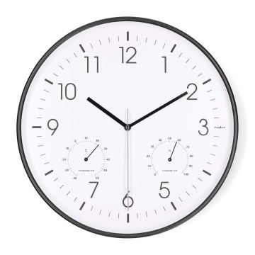 Zidni sat s termometrom i higrometrom, promjer 30,5 cm, 1x AA, crni